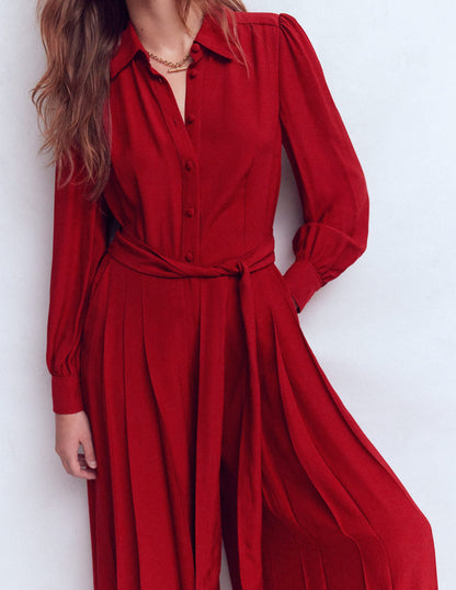 Button Up Palazzo Jumpsuit-Red