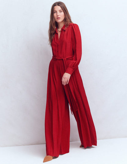 Button Up Palazzo Jumpsuit-Red