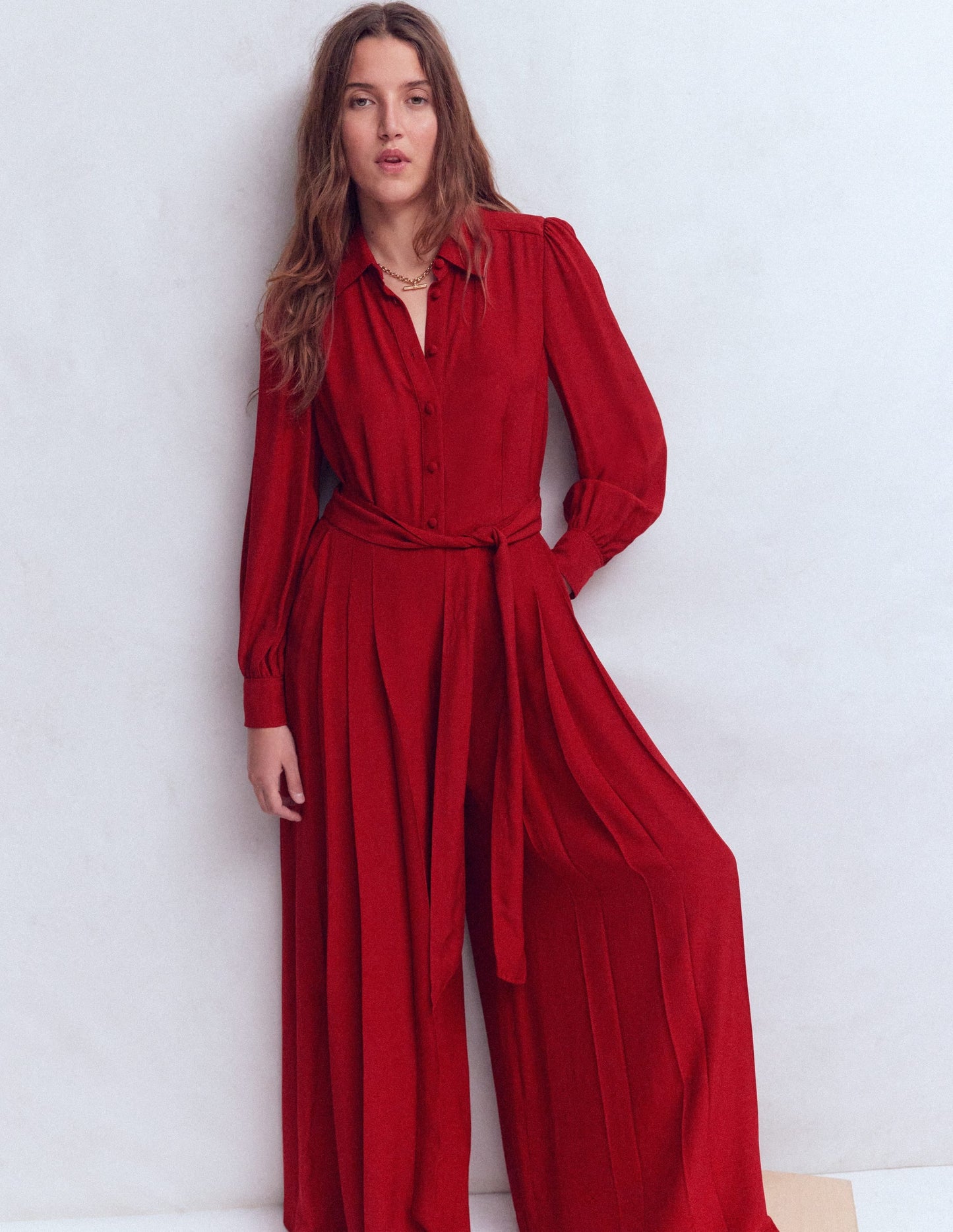 Button Up Palazzo Jumpsuit-Red