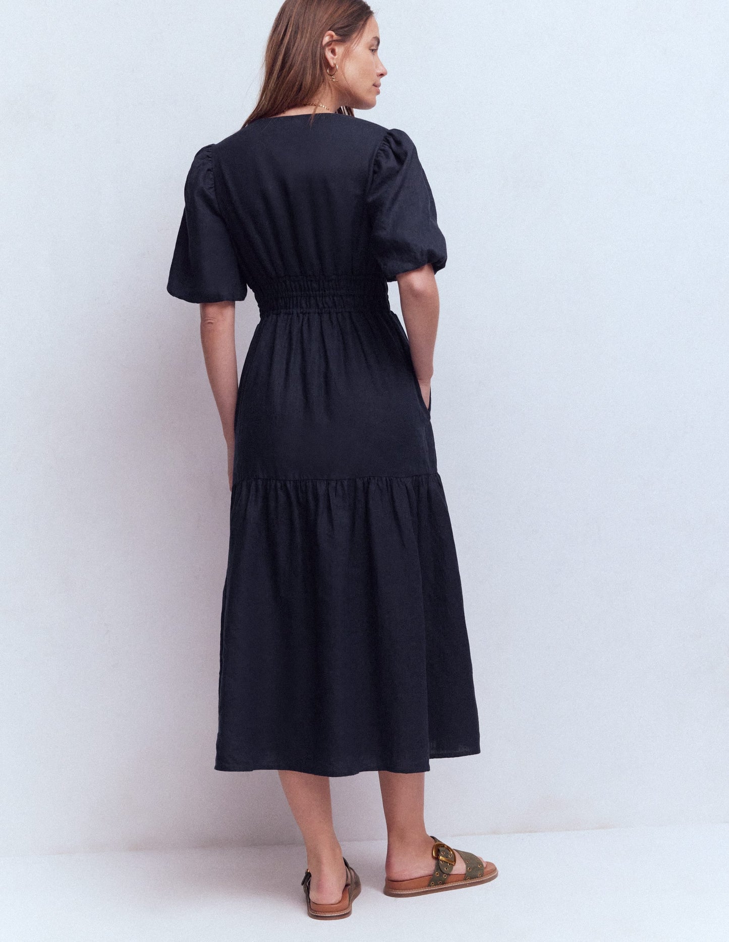Irene Linen Midi Dress-Navy