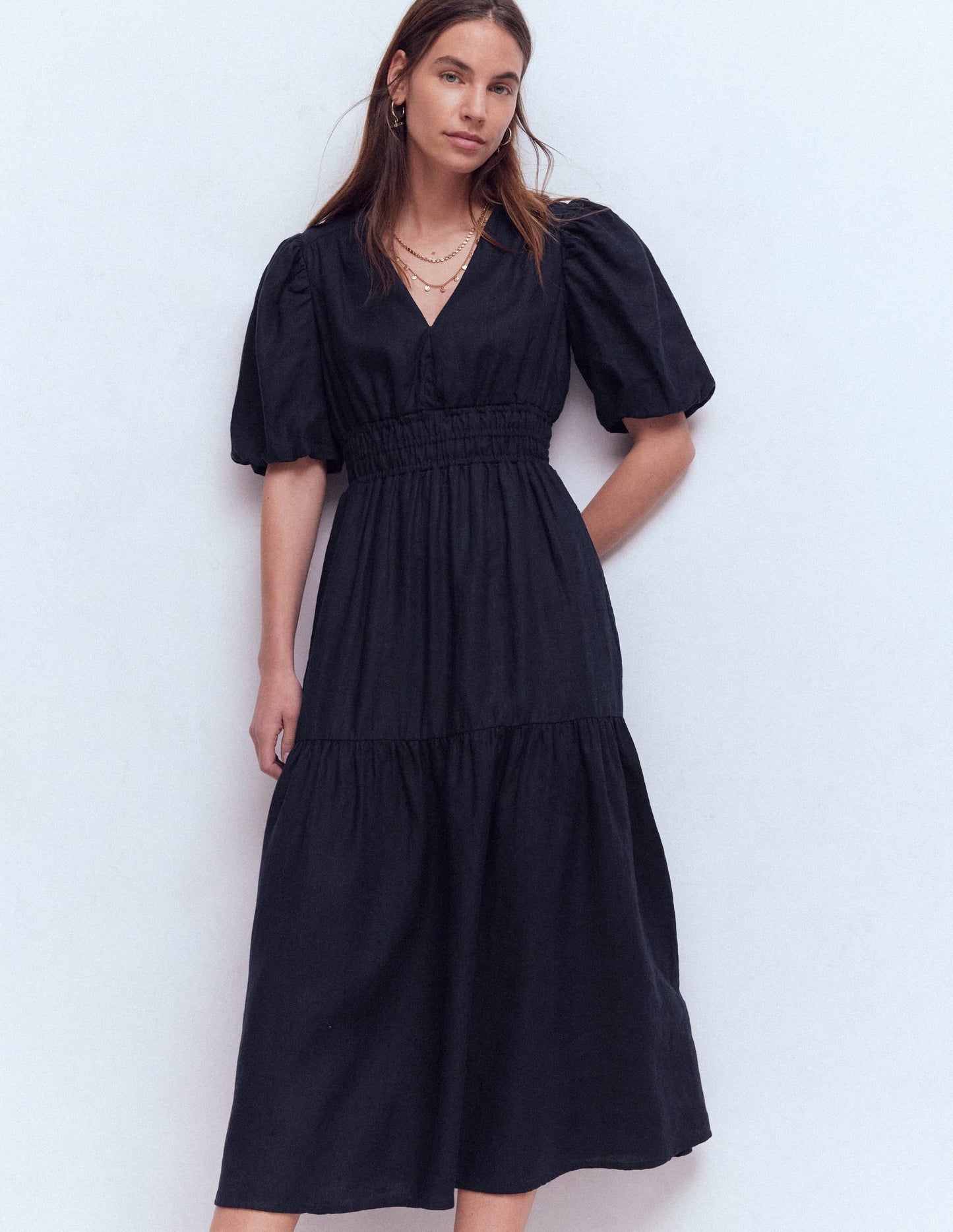 Irene Linen Midi Dress-Navy