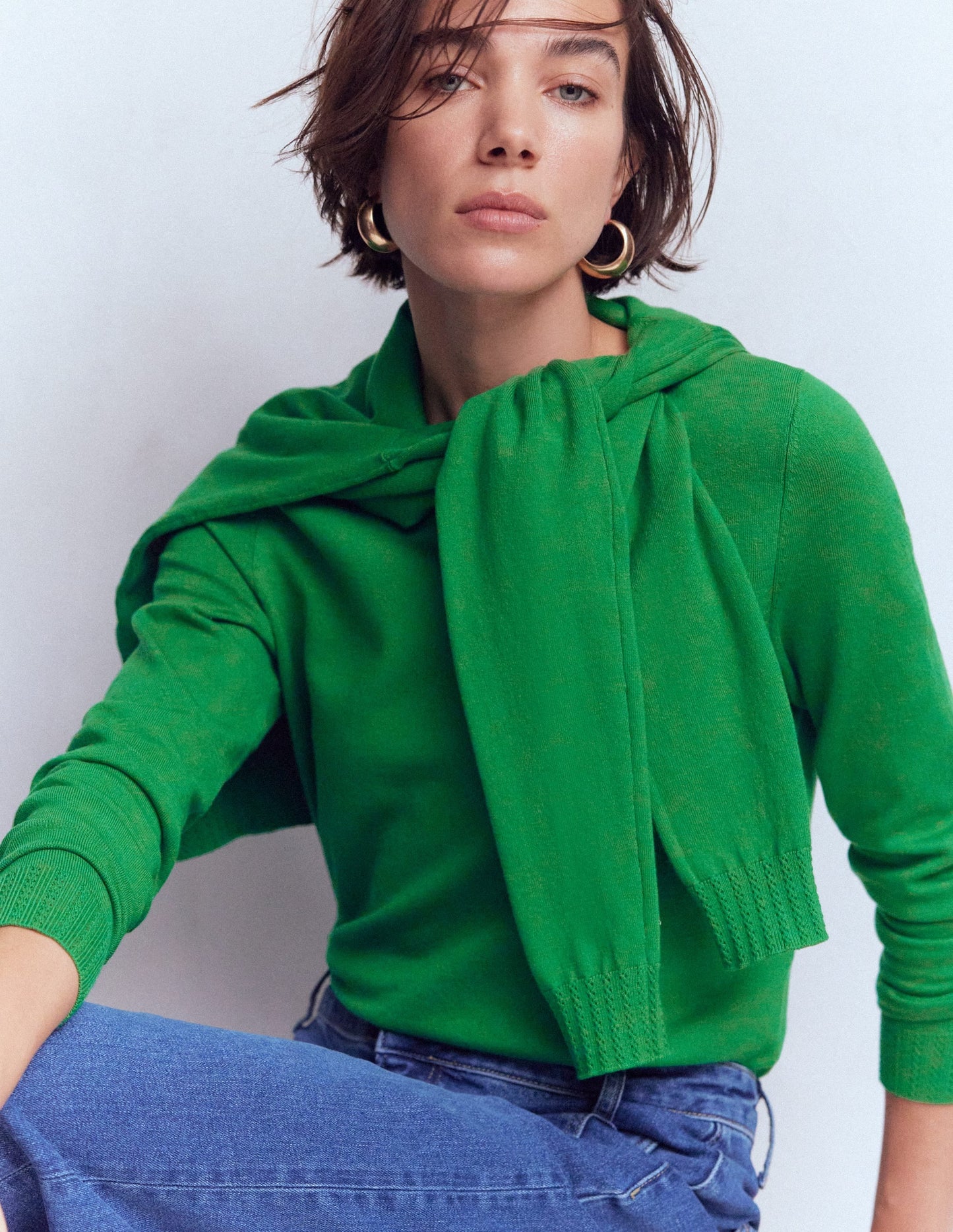 Emilia Cotton Crew Sweater-Rich Emerald