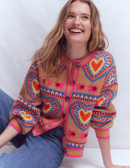 Abi Jacquard Cardigan-Camel Melange, Hearts