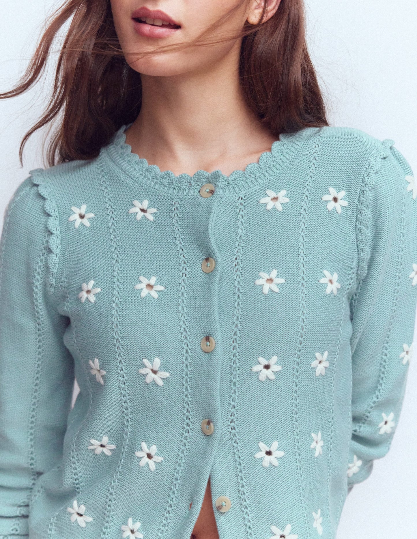 Valeria Crochet Trim Cardigan-Seamist Blue, Embroidery