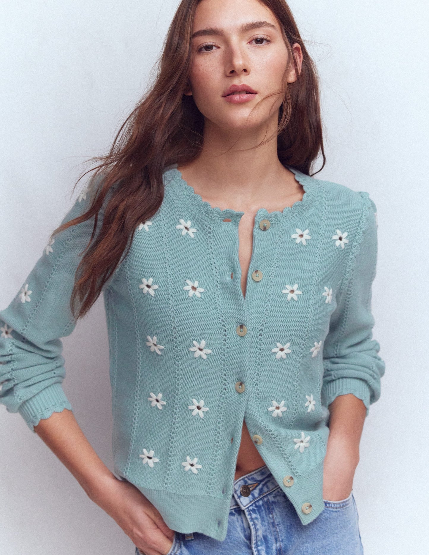 Valeria Crochet Trim Cardigan-Seamist Blue, Embroidery