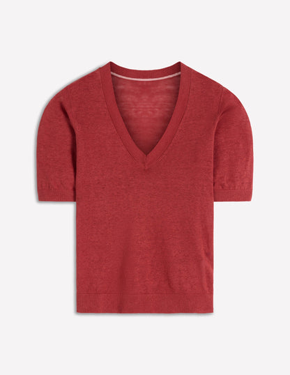 Agnes Linen V Neck T-Shirt-Burnt Orange