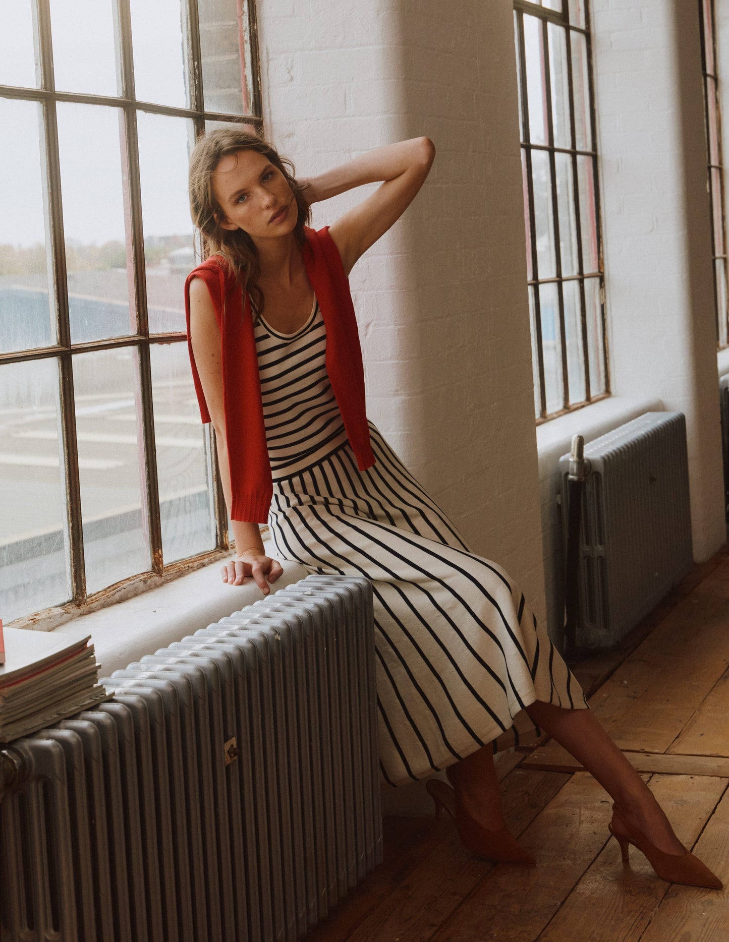 Liz Knitted Midi Skirt-Ivory Stripe