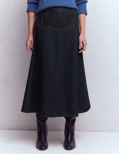 Panelled Detail Denim Skirt-Indigo