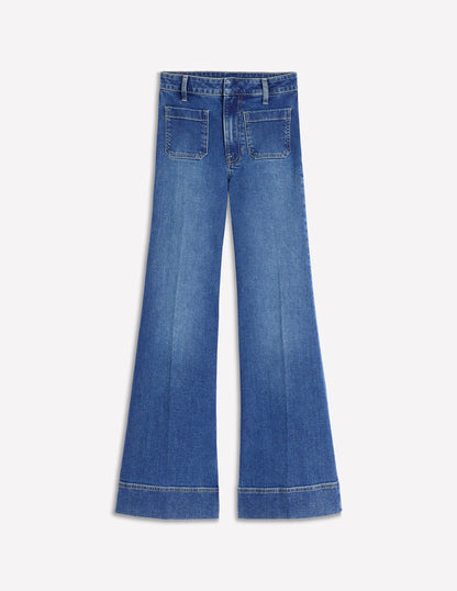 Patch Pocket Flare Jeans-Midwash