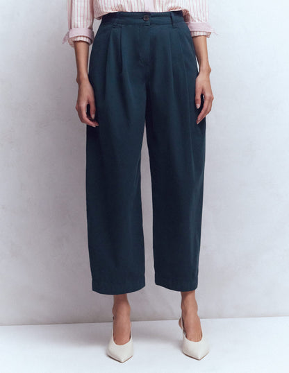 Pleat Barrel Leg Pants-Navy