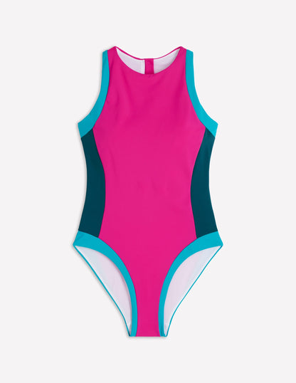Sporty High Neck Swimsuit-Pink, Colourblock