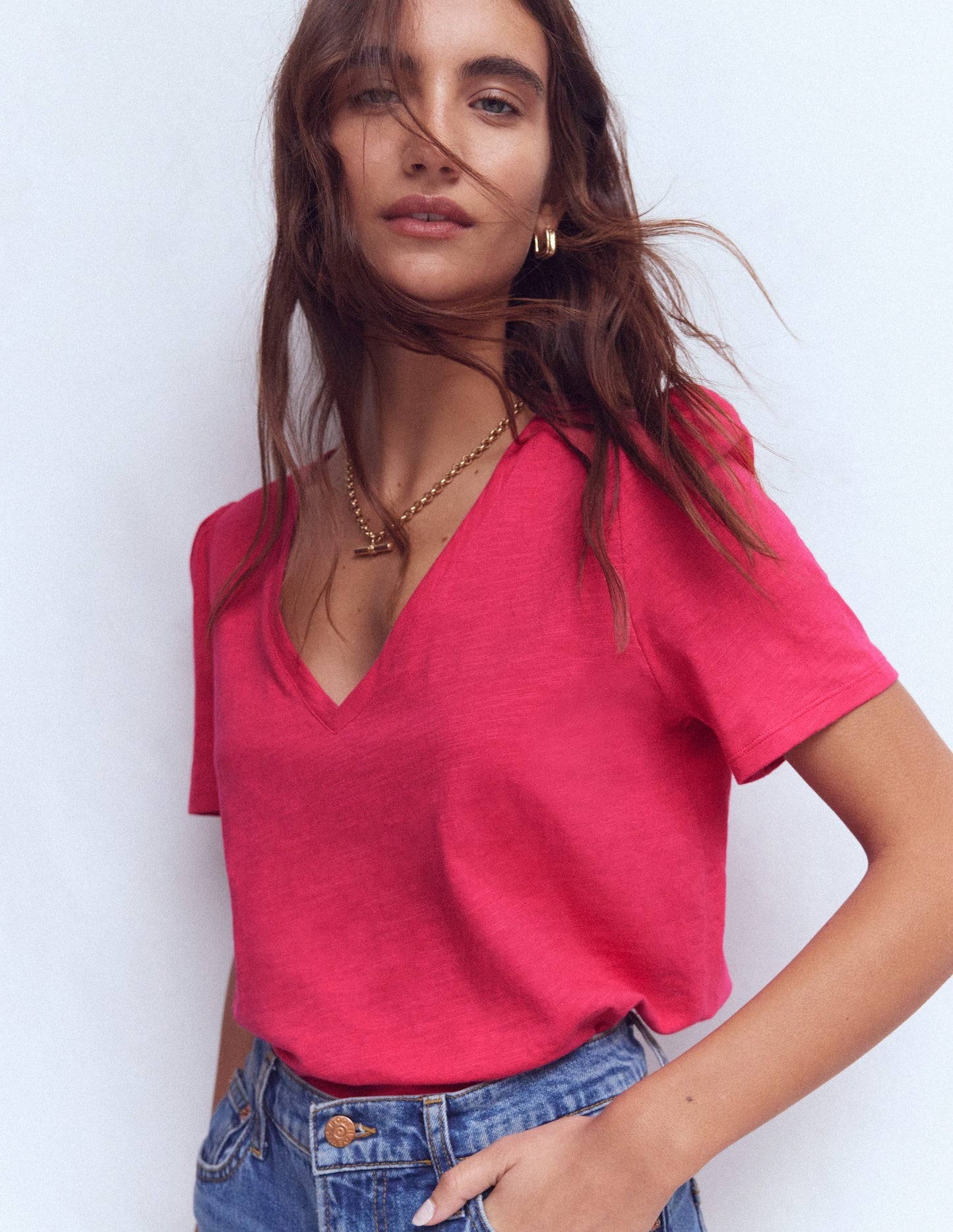 Sophie V-neck Slub T-shirt-Virtual Pink
