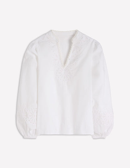 Embroidered Notch Neck Top-White