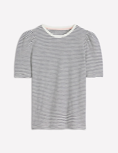 Sophie Puff Sleeve T-shirt-Navy and Ivory Stripe