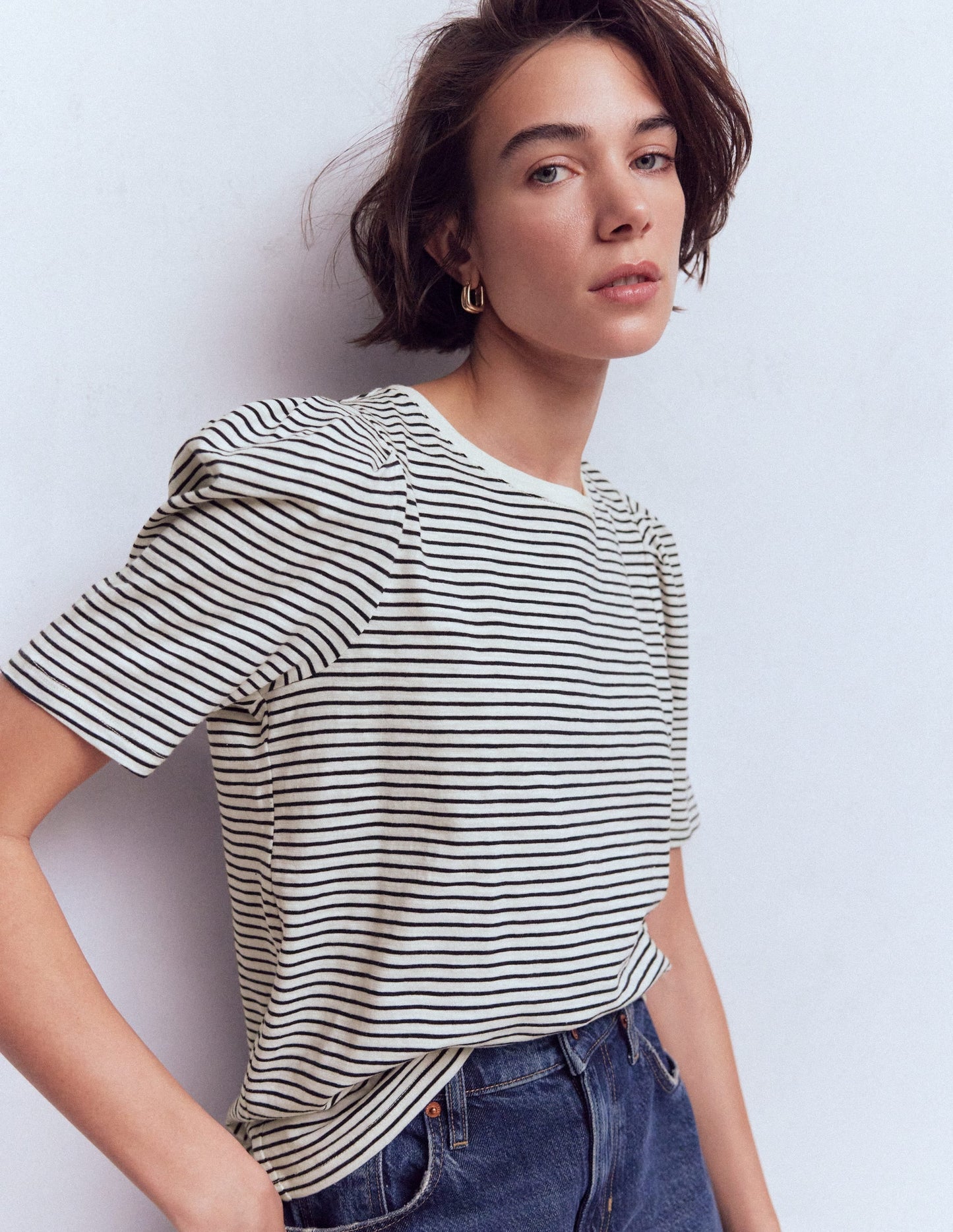 Sophie Puff Sleeve T-shirt-Navy and Ivory Stripe
