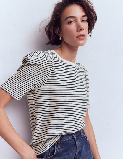 Sophie Puff Sleeve T-shirt-Navy and Ivory Stripe