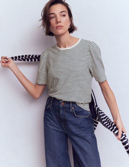Sophie Puff Sleeve T-shirt-Navy and Ivory Stripe