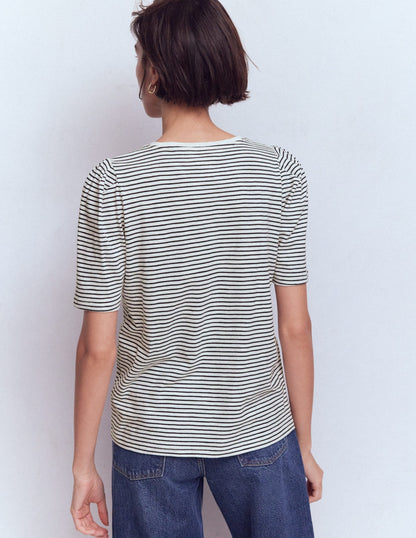 Sophie Puff Sleeve T-shirt-Navy and Ivory Stripe
