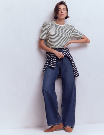 Sophie Puff Sleeve T-shirt-Navy and Ivory Stripe