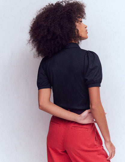 Short Sleeve Zip Collar Top-Navy