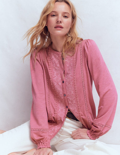 Embroidered Jersey Shirt-Pink Heather