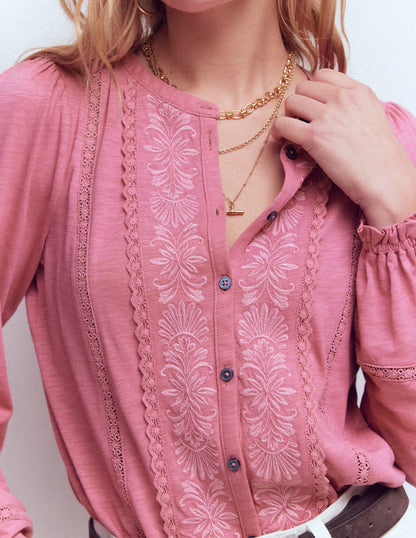 Embroidered Jersey Shirt-Pink Heather