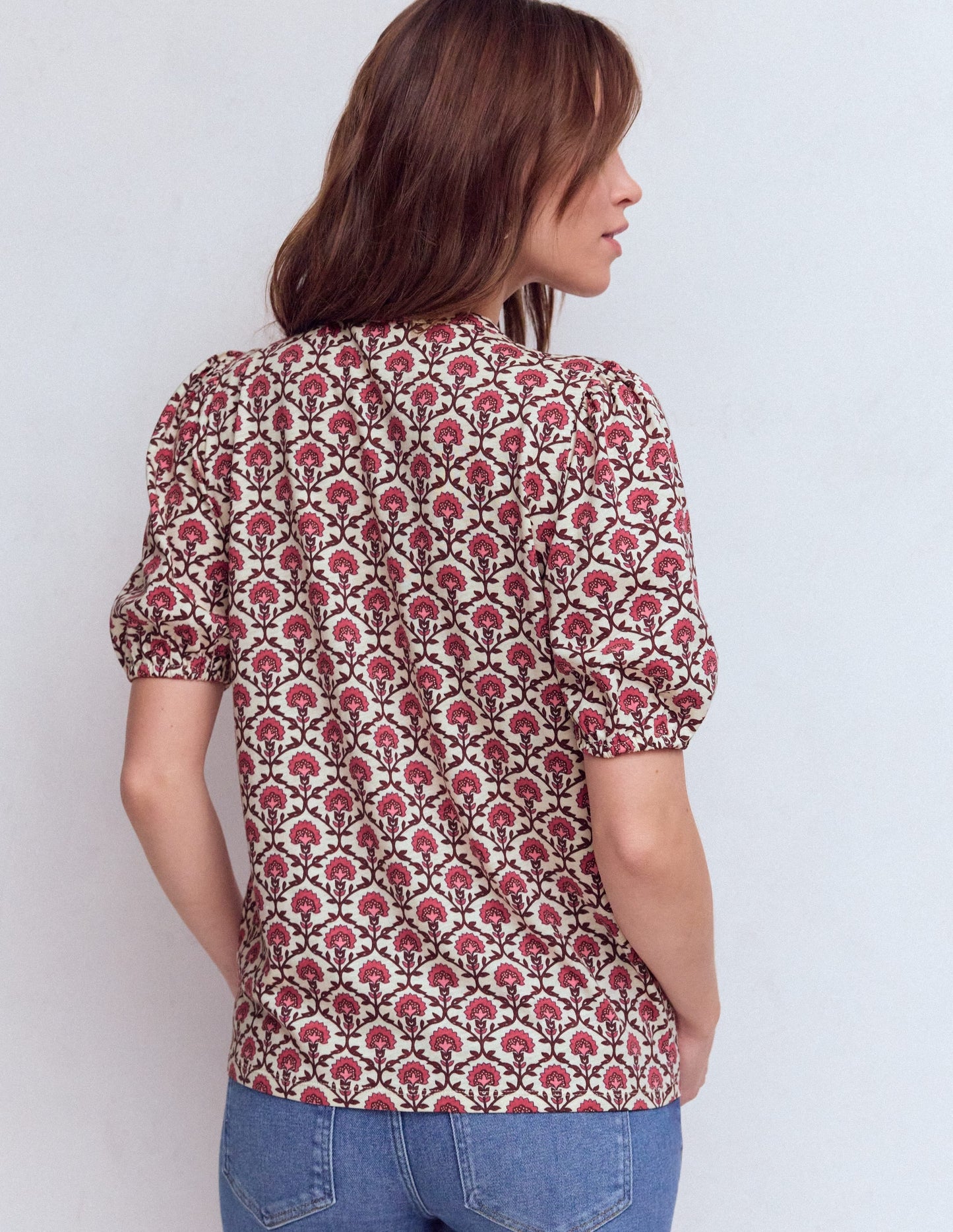 Mya Short Sleeve Smocked Shirt-Strawberry Pink,Flower Lattice
