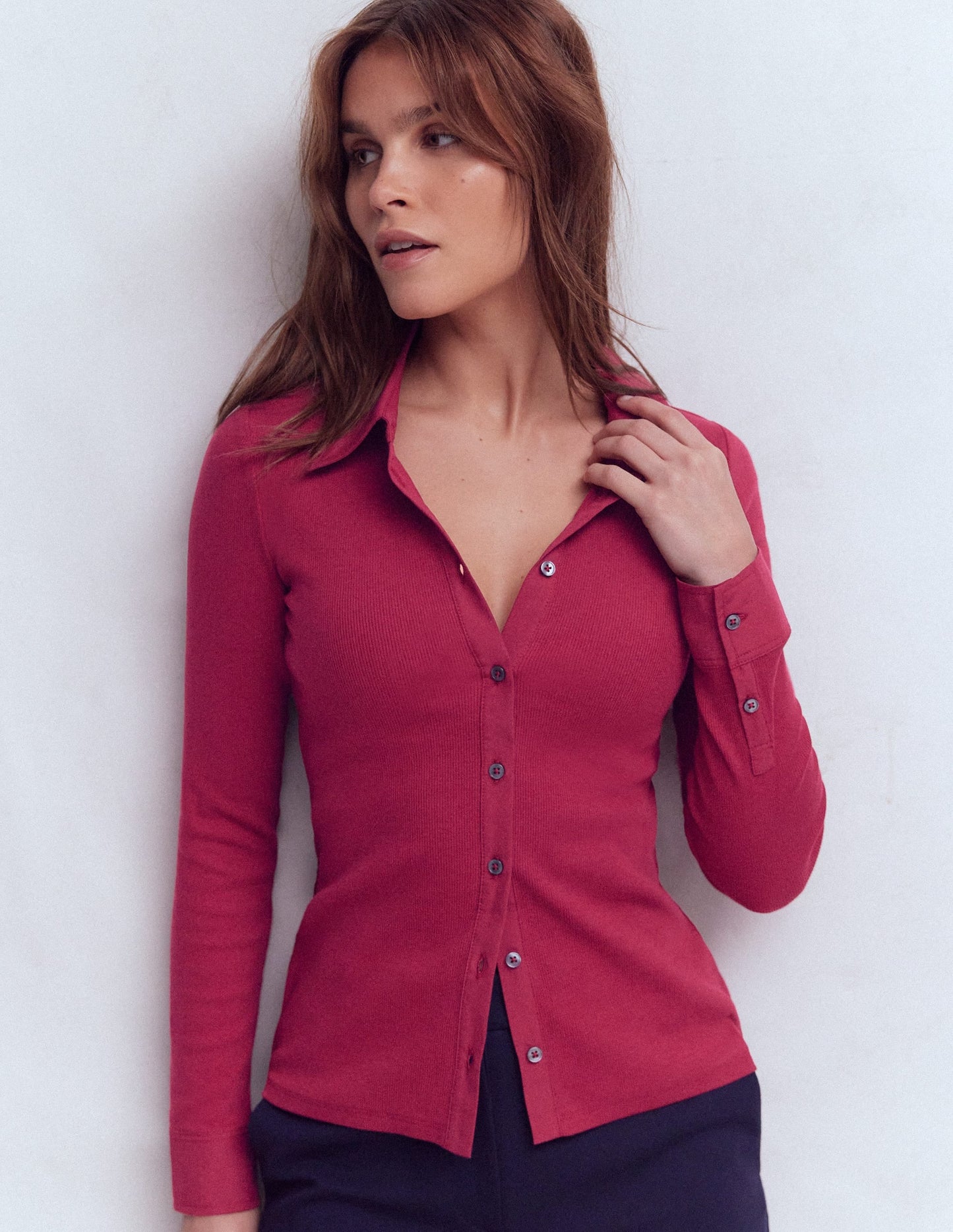 Collared Button Through Top-Ruby Red