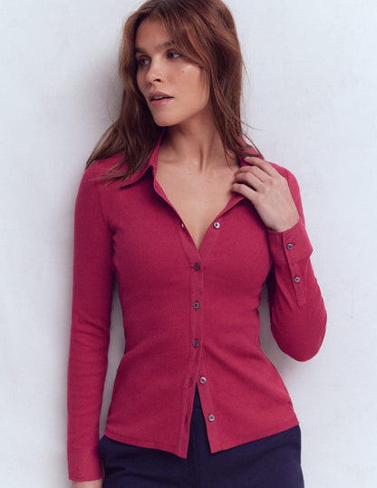Collared Button Through Top-Ruby Red