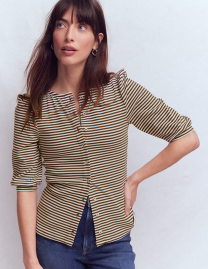 Evie Ribbed Puff Sleeve Top-Potting Soil, Ivory Stripe