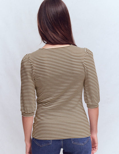 Evie Ribbed Puff Sleeve Top-Potting Soil, Ivory Stripe