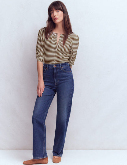 Evie Ribbed Puff Sleeve Top-Potting Soil, Ivory Stripe