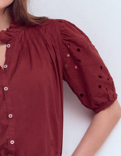 Cutwork Puff Sleeve Top-Russet