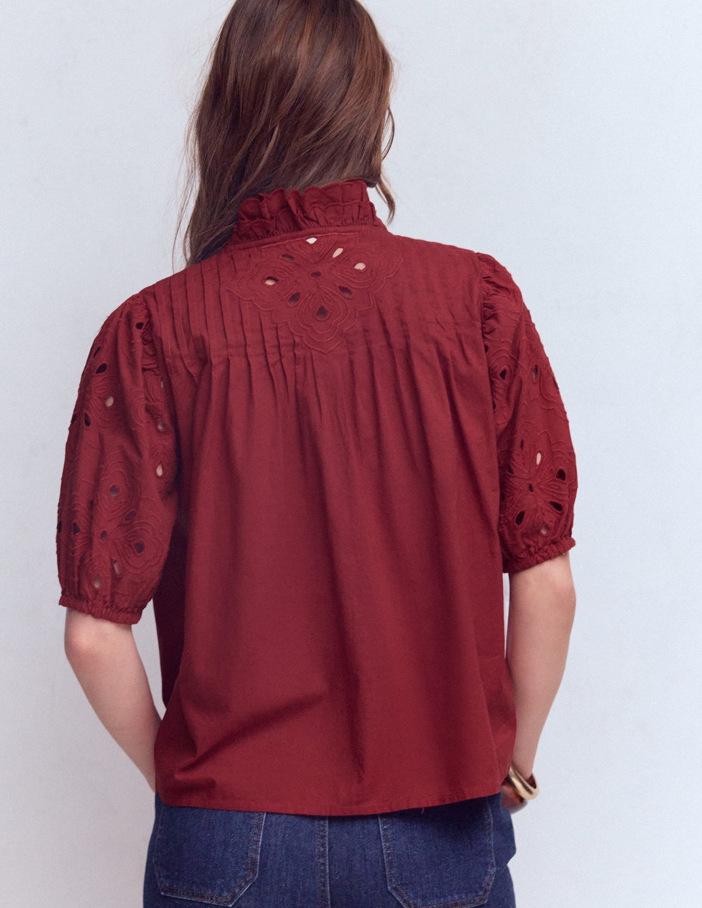 Cutwork Puff Sleeve Top-Russet