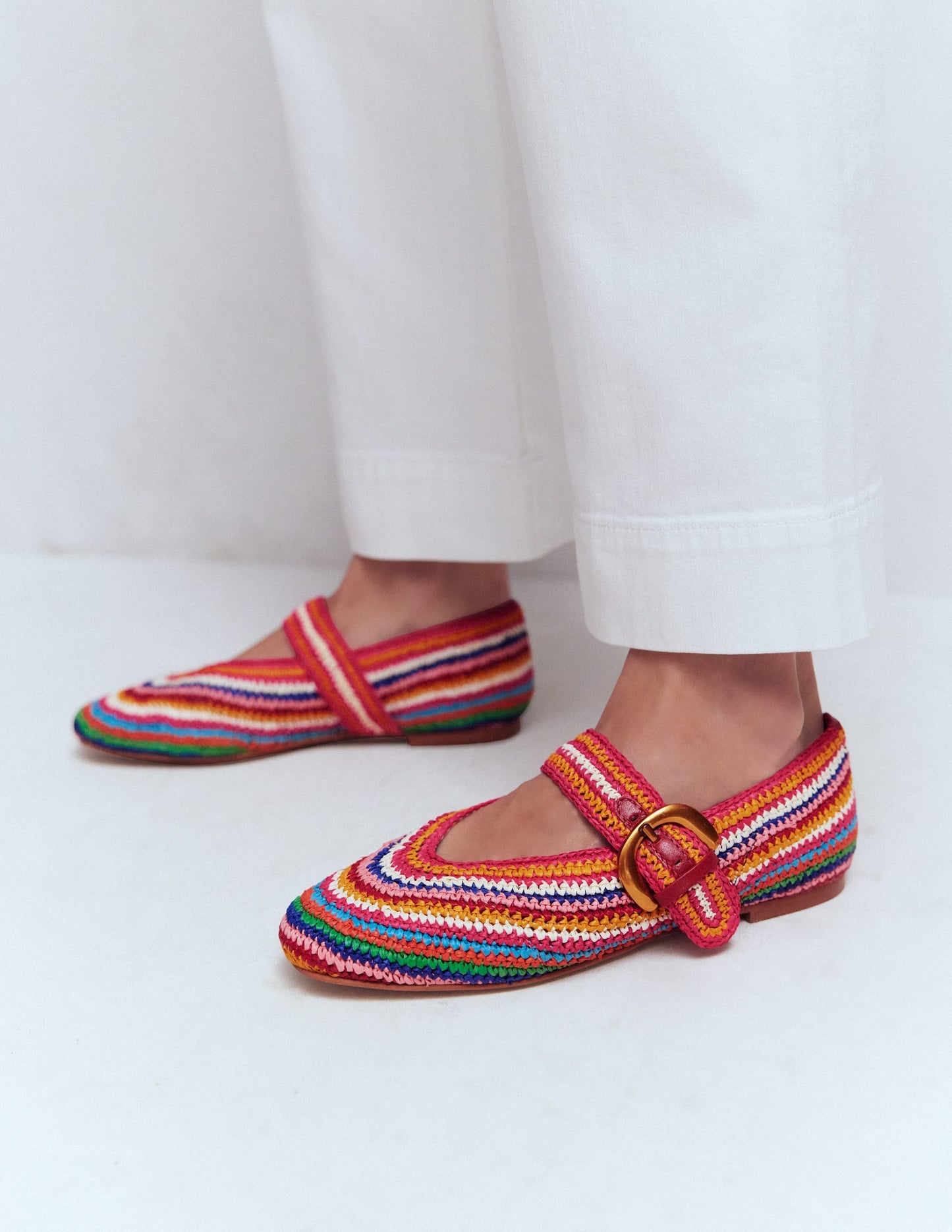 Kylie Flat Buckle Mary Janes-Multi Raffia