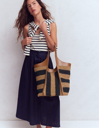 Straw Tote-Navy/Natural Stripe