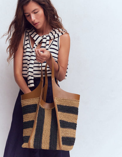 Straw Tote-Navy/Natural Stripe
