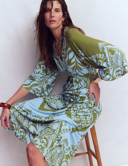 Nell Kimono Midi Jersey Dress-Olive, Ornamental Garden