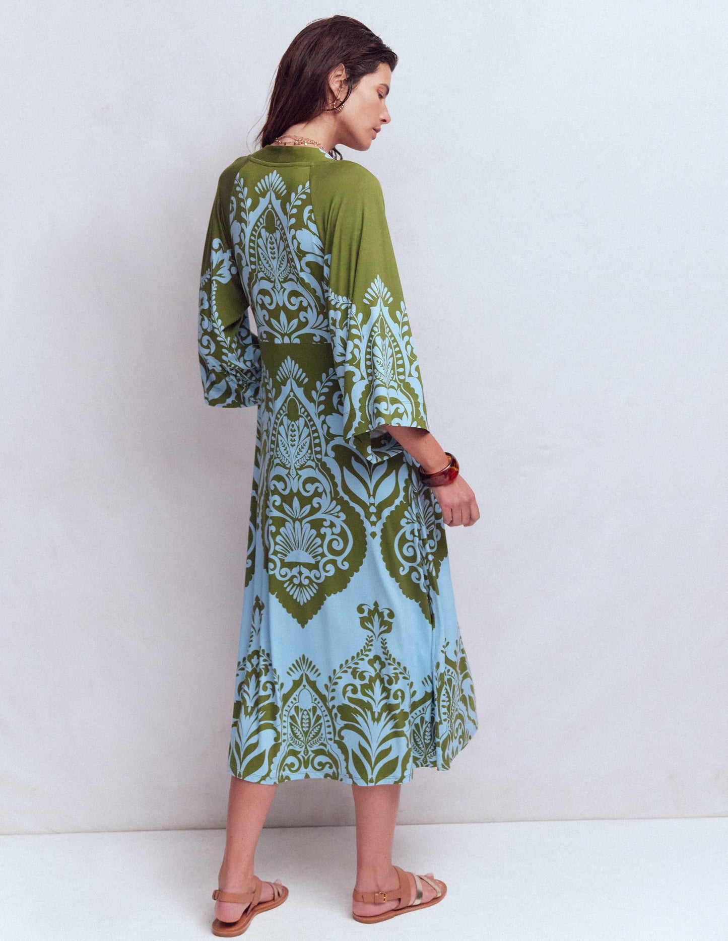 Nell Kimono Midi Jersey Dress-Olive, Ornamental Garden