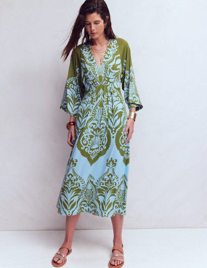 Nell Kimono Midi Jersey Dress-Olive, Ornamental Garden