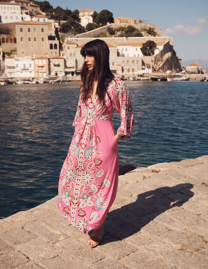 Nell Kimono Midi Jersey Dress-Pink, Blossom Elegance