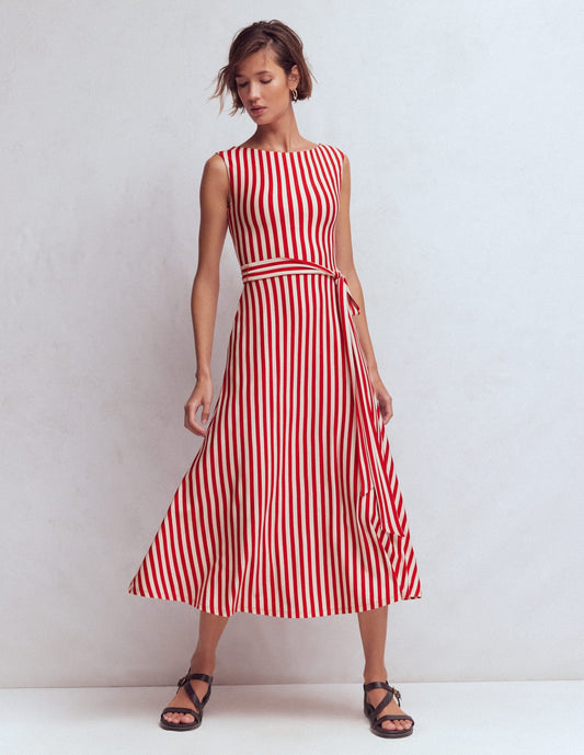Tamsin Jersey Midi Dress-Merida Red and Ivory Stripe