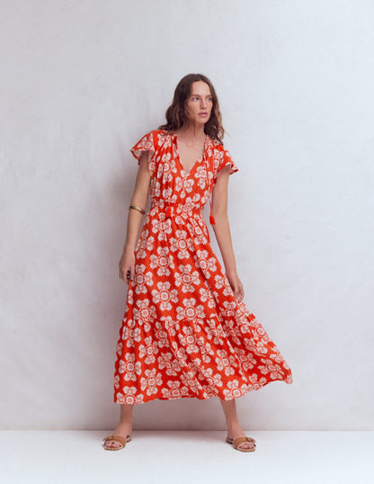 Tala Tiered Jersey Maxi Dress-Blood Orange, Botanical Charm