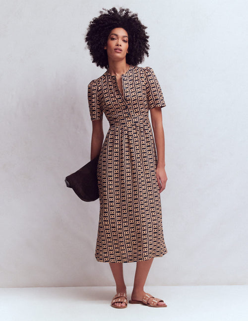 Ivy Button Linen Midi Dress-French Navy, Rope Trellis