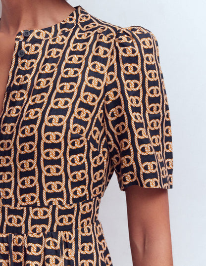 Ivy Button Linen Midi Dress-French Navy, Rope Trellis