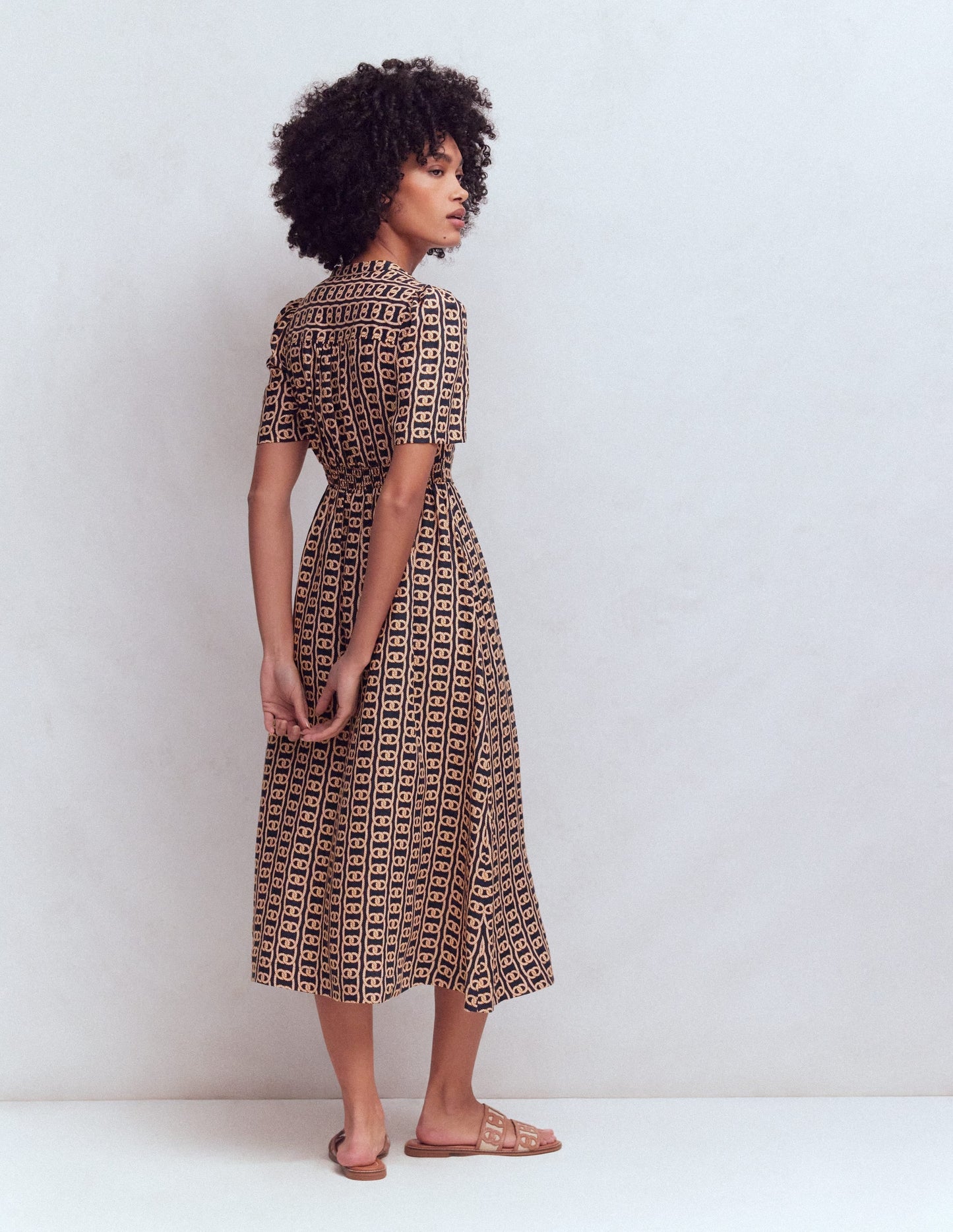 Ivy Button Linen Midi Dress-French Navy, Rope Trellis
