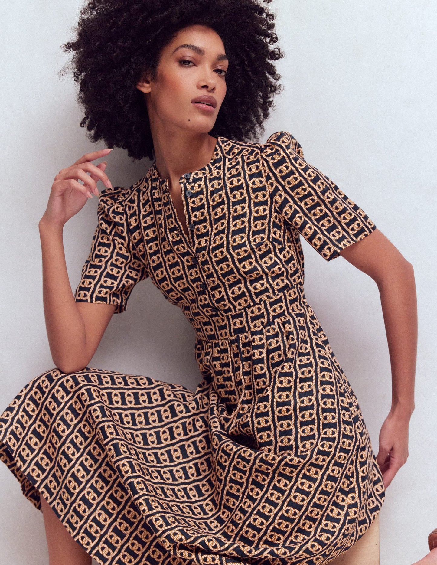 Ivy Button Linen Midi Dress-French Navy, Rope Trellis