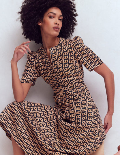 Ivy Button Linen Midi Dress-French Navy, Rope Trellis
