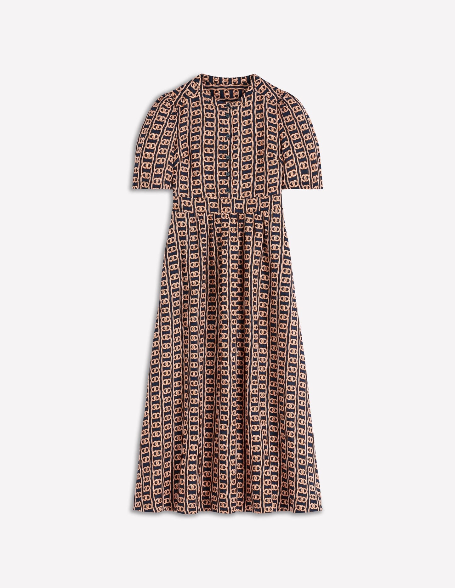 Ivy Button Linen Midi Dress-French Navy, Rope Trellis