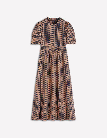 Ivy Button Linen Midi Dress-French Navy, Rope Trellis